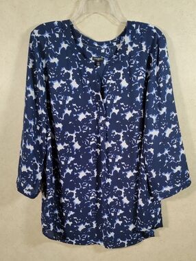 H196 Talbots blue & white floral crepe 7/8 sleeve tunic blouse 2X